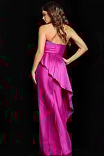 Model wearing Jovani 63612 lilac gown, back view showing elegant tailoring and zipper closure.