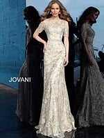 Model wearing Jovani 63649 gold dress with floral embroidery, off-the-shoulder neckline, and short sleeves, viewed from the front.