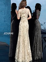 Back view of model wearing Jovani 63649 gold dress with floral embroidery and short sleeves.