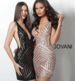 Models wearing Jovani 63899 sequin mini dresses, front view.
