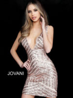 Model wearing Jovani 63899 rose gold sequin mini dress, front view.
