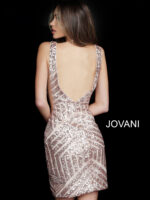 Model wearing Jovani 63899 rose gold sequin mini dress, back view.