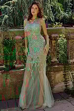 Model wearing Jovani 6395 stunning green dress with a fitted silhouette and one-shoulder style.