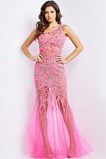 Model wearing Jovani 6395 vibrant pink gown with one-shoulder design and beaded pattern.