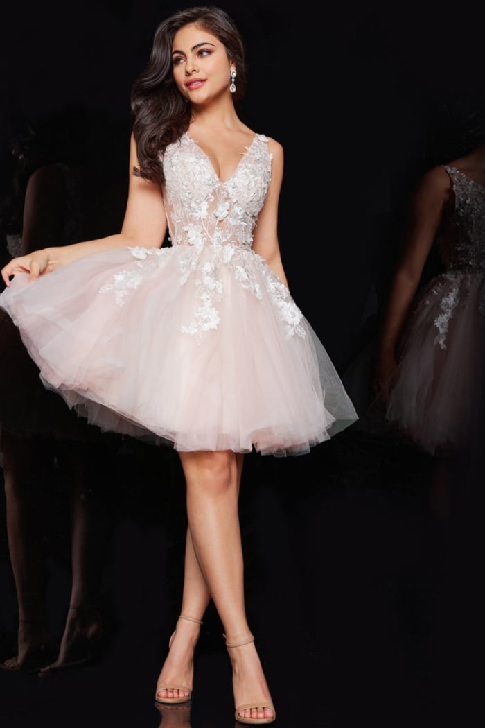 Model wearing Jovani 63987 dress with tulle skirt, front view.