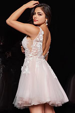 Back view of navy Jovani 63987 dress with V-cut.