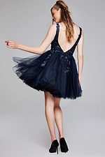 Model showcasing Jovani 63987 dress in navy, front view.