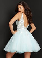 Back view of Jovani 63987 model wearing a white A-line dress.