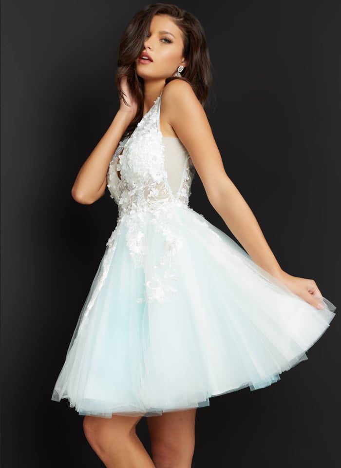 Jovani 63987 dress, front view with intricate design.