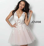 Jovani 63987 dress with intricate applique, front view.