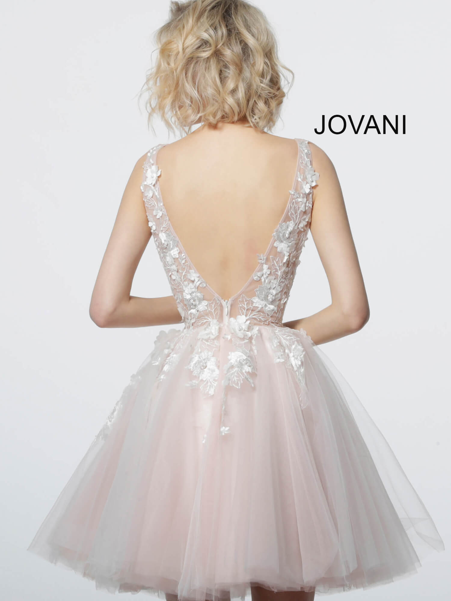 Model wearing Jovani 63987 Off White Blush Floral V Neck Bodice Cocktail Dress 
