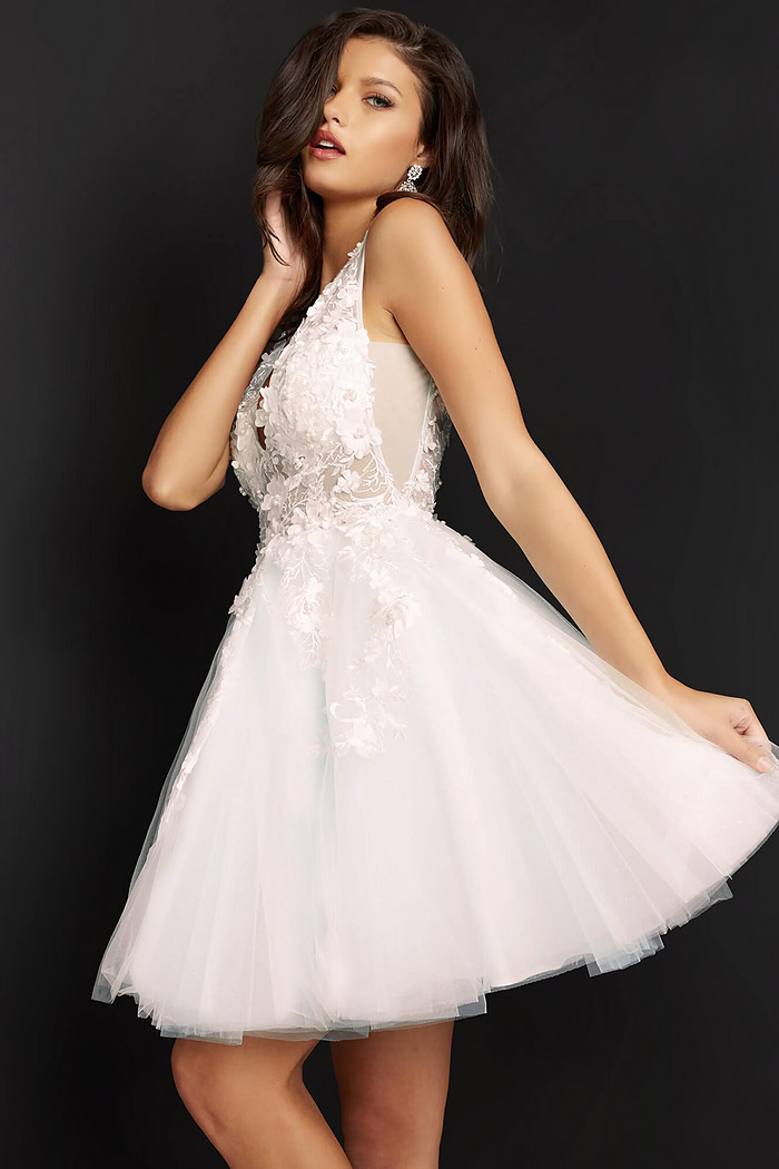 Jovani 63987 Off White Blush Floral V Neck Bodice Cocktail Dress