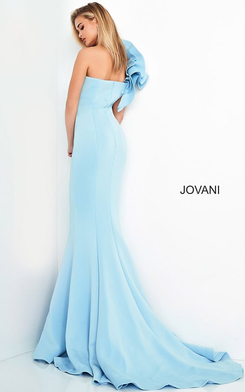 Back view of Jovani 63994 light blue mermaid dress with one-shoulder ruffle.