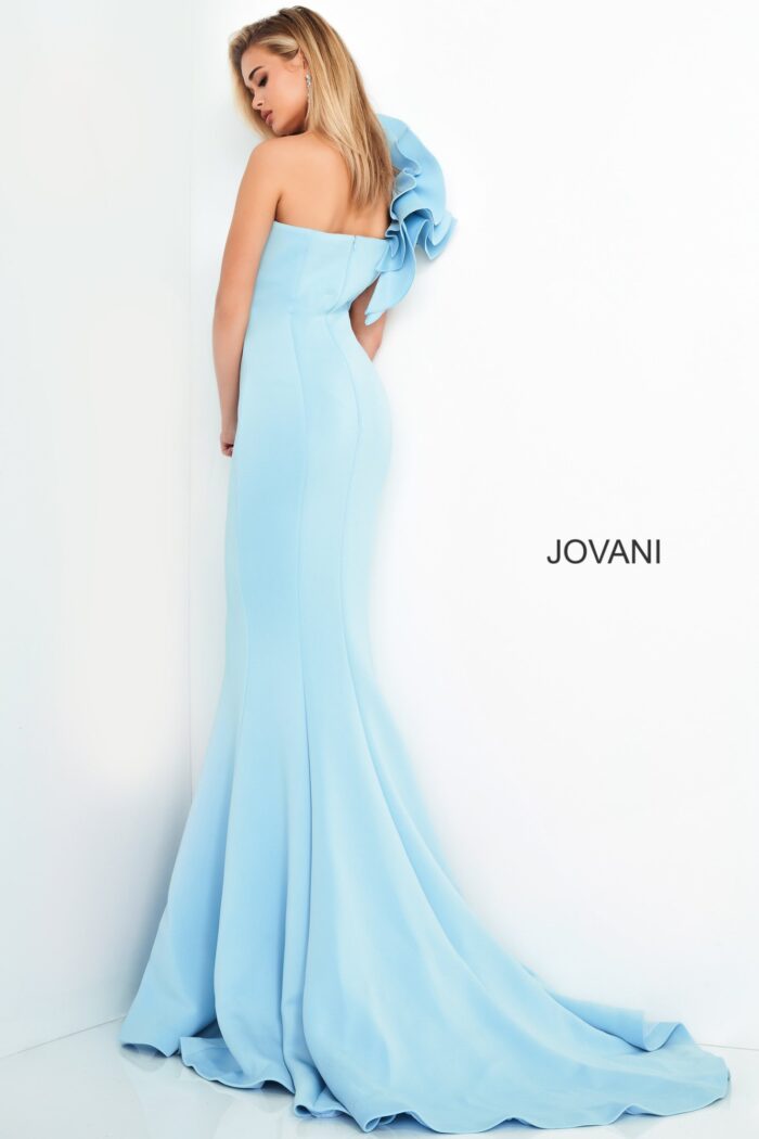Back view of Jovani 63994 light blue mermaid dress with one-shoulder ruffle.