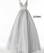 Gray variant of Jovani 65379 ballgown with shimmering bodice.