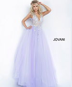 Model wearing Jovani 65379 lilac ballgown with beaded bodice and tulle skirt.