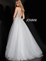 Rear view of Jovani 65379 white ballgown with intricate beaded design.