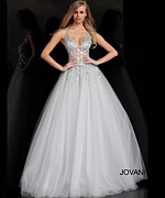 Front view of Jovani 65379 white ballgown with elegant beaded bodice.