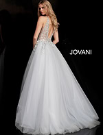 White Jovani 65379 ballgown showcasing a low back with delicate beading.