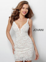 Model wearing Jovani 65576 ivory lace close-up front view