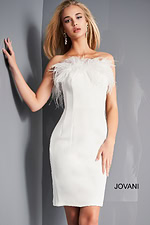 Model wearing Jovani 65889 front view white dress with feather details