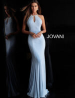 model wearing Jovani 67101 light blue dress with halter neckline and embellished details