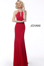 front view of Jovani 67101 red dress with halter neckline and keyhole detail