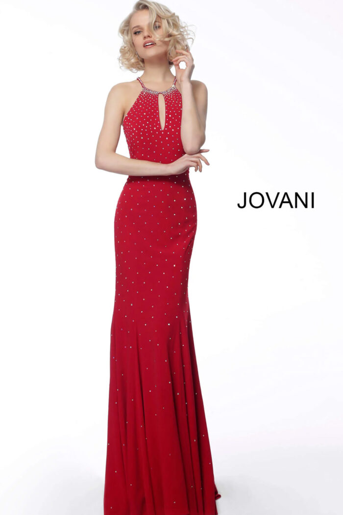 front view of Jovani 67101 red dress with halter neckline and keyhole detail