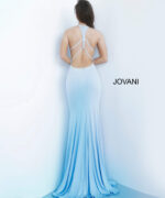rear view of Jovani 67101 light blue dress showing open back with strap details