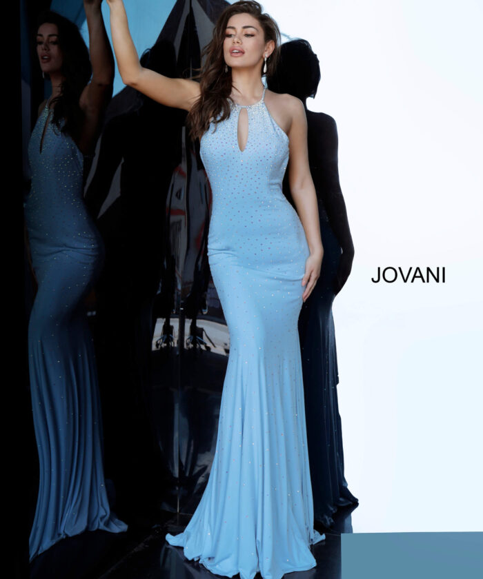 model posing in Jovani 67101 light blue gown with sparkling embellishments