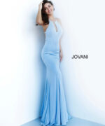 model in Jovani 67101 light blue dress showcasing fitted design and halter neckline