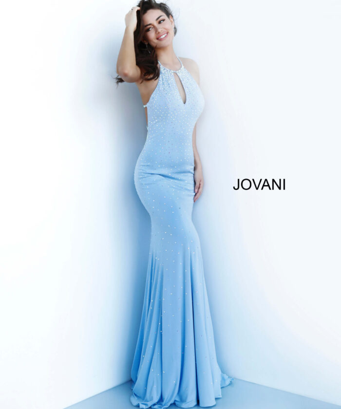 model in Jovani 67101 light blue dress showcasing fitted design and halter neckline