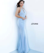 model in Jovani 67101 light blue dress with keyhole detail and floor-length silhouette