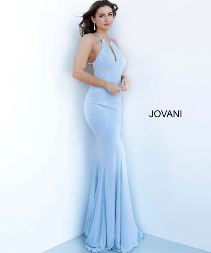 model in Jovani 67101 light blue dress with keyhole detail and floor-length silhouette