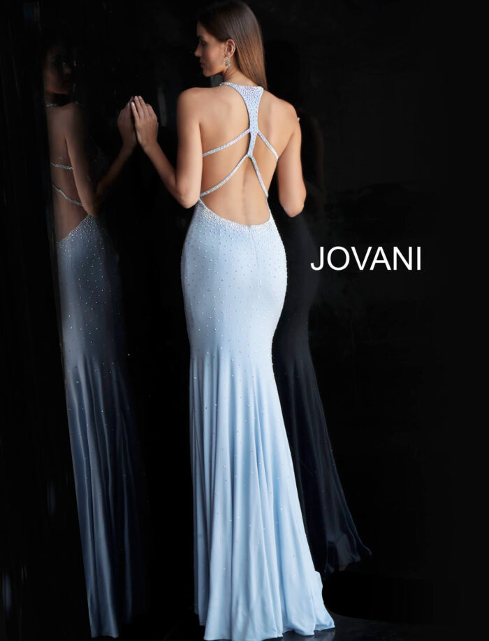 model showing the back of Jovani 67101 light blue dress with open design and straps
