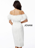 Model wearing Jovani 67118 white dress with off-the-shoulder feather detail, front view