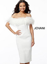 Model wearing Jovani 67118 white dress with off-the-shoulder feather detail, front view