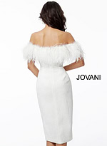 Model wearing Jovani 67118 white dress with off-the-shoulder feather detail, back view