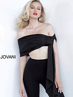 Front view of Jovani 68693 black off-the-shoulder top with chic draping.