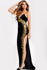 side view of high slit black dress 47009