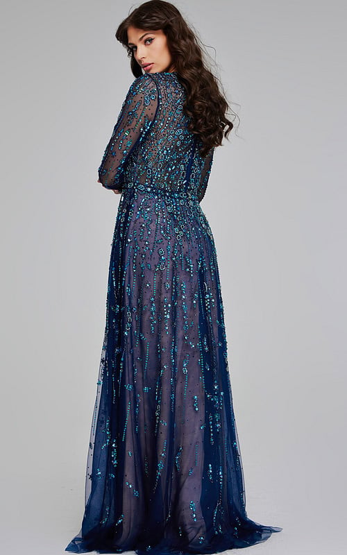 Model wearing Jovani 80807 navy gown, back view with detailed beadwork.