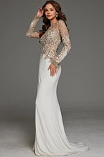 Model in Jovani 88983 white gown showcasing side view with beaded details.