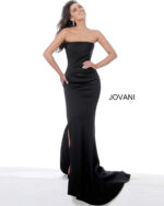 Model showcasing back of Jovani 94366 in black.