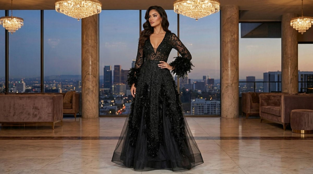 Black long sleeve maxi evening dress