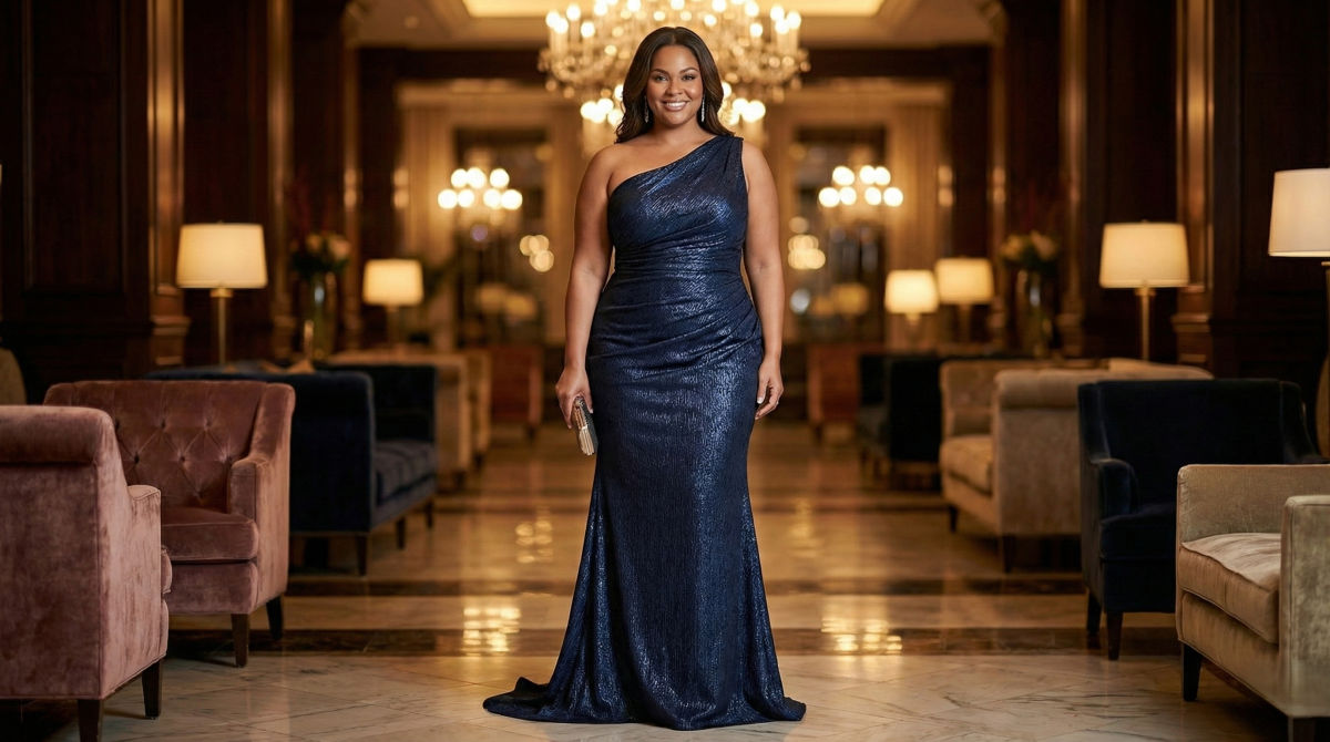 Plus-size mother of the bride in a fitted, dark blue textured metallic one-shoulder evening gown.