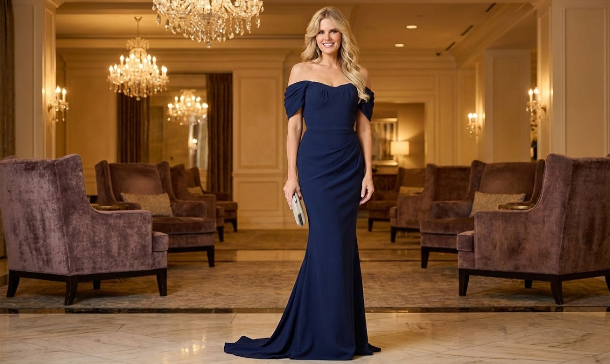 Mature mother of the bride in a navy blue off-the-shoulder mermaid gown with draped sleeves.