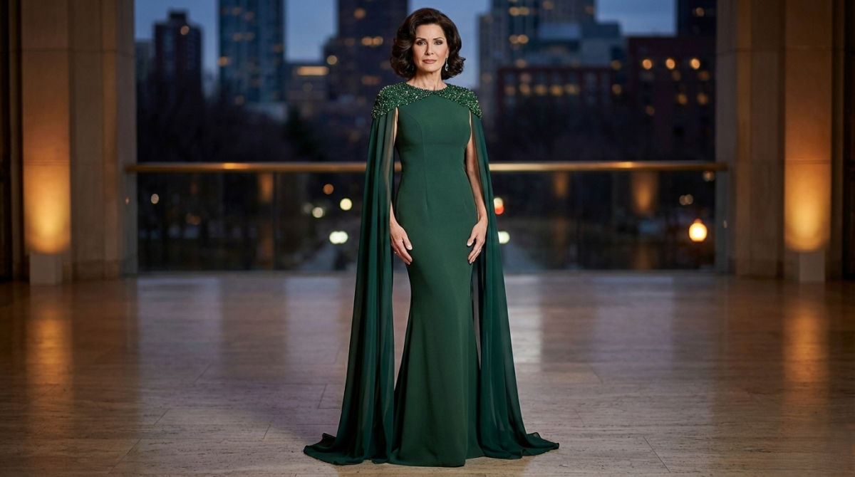 Mature woman in an emerald green Jovani cape gown with beaded shoulders.