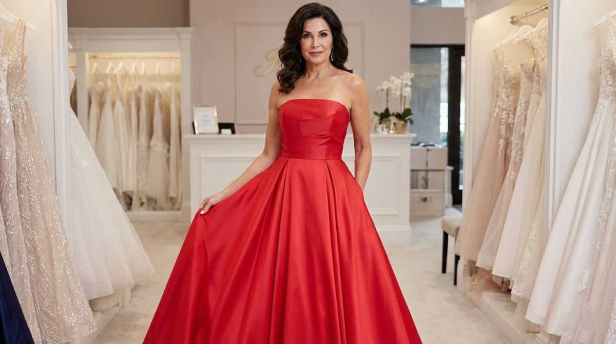 Mature woman in a red satin A-line Jovani gown, posing in a boutique.