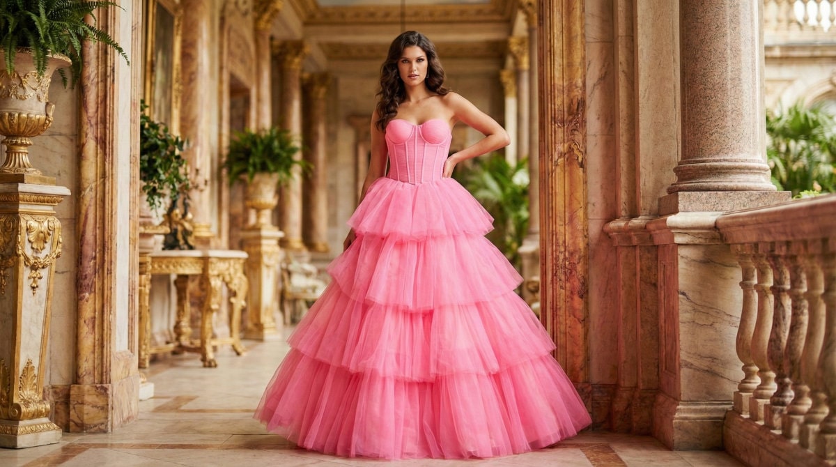 Pink tiered ballgown prom dress suitable for pear shaped bodies