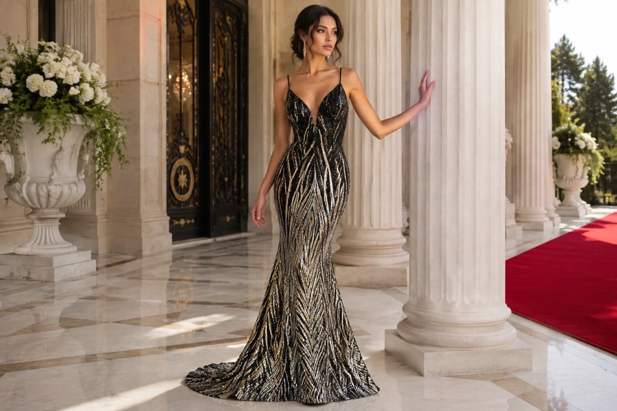 Black gold sequin mermaid prom gown